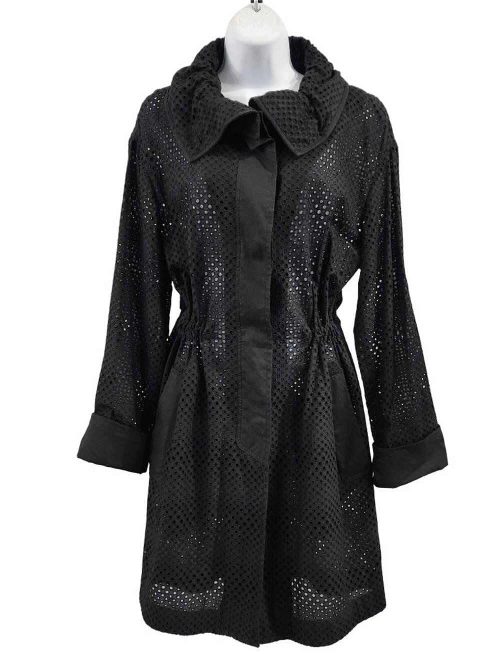 AKRIS Punto Jacket Eyelet Coat Black 10 Removable Collar Adjustable Waist